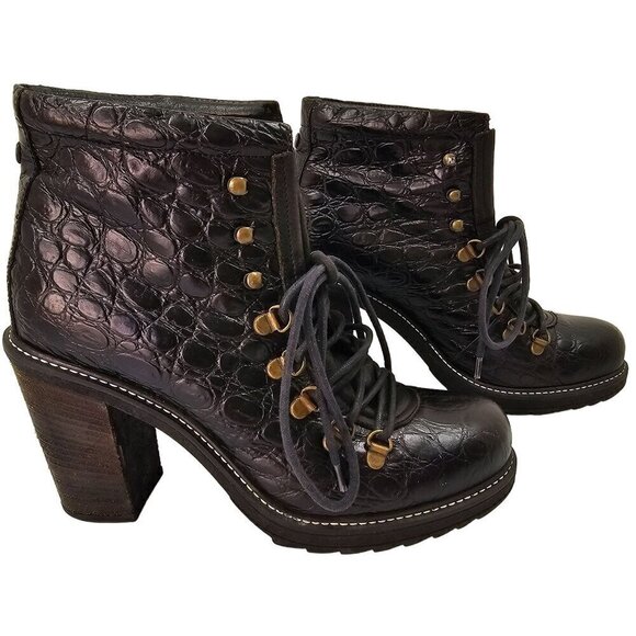 Diesel Leather Hiker Tekny Bootie Black Faux Croc Block Heel Womens Shoe Size 8 - Picture 3 of 10